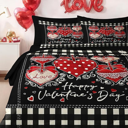 Nesker 7 Pcs Valentine's Day Comforter Set Queen Size, Polka Dots Heart Bedding Set for Kids and Adults, Sweet Love Romantic Sheets Bed Sheet Sets with Fitted Sheet 2 Pillowcases & 2 Shams