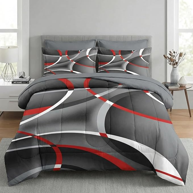 Nesker 7 Pcs Comforter Set Full Size, Modern Gray Black Red Swirls Bedding Set for Kids and Adults, Stripes Circle Lines Geometric Bed Sheet Sets with Fitted Sheet 2 Pillowcases & 2 Shams
