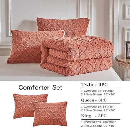 Joyreap 3-Piece Fluffy Faux Fur Sherpa Comforter Set, Queen Size Brownish Red Luxury Tufted Bedding Comforter Set, All Season Soft n Cozy Plush Comforter Bed Set- 88x88 inches
