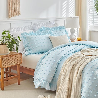 Flysheep Tufted Dots Ruffle Comforter Set Twin Size, 3 Pieces Blue Vintage Farmhouse Shabby Chic Comforters, Jacquard Boho Bohemian Bedding Set for Kids (1 Ruffled Comforter+ 2 Pillow Shams)
