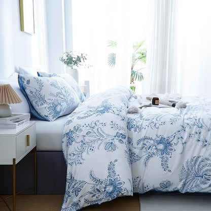BOLINLIVING Floral Queen Comforter Set 3 Pieces, Soft Breathable Bed in a Bag Queen Size, Blue and White Floral Bedding Set for All Season, 1 Comforter & 2 Pillowcases