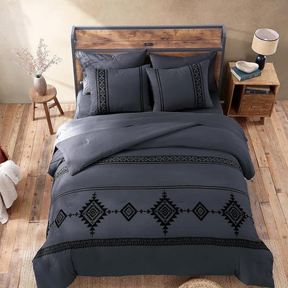 MaiRêve Embroidery Queen Size Comforter Set Crown Blue, Boho Farmhouse Western Bedding Set 7 Pieces, All Season Bed in A Bag Comforter Set with Sheets, Pillowcases & Shams