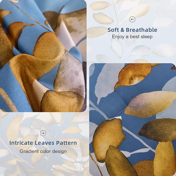 Anibedding 7 Pieces King Size Comforter Set, Blue Gold Botanical Gradient Leaves Ultra Soft Microfiber Down Alternative Bedding Set with Sheets and Pillowcase for All Season