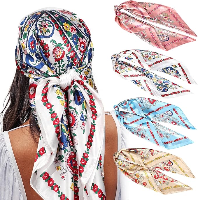 AWAYTR 35” Satin Large Square Head Scarves - 4PCS Silk Like Neck Scarf Hair Sleeping Wraps Satin Silk Scarfs for Women