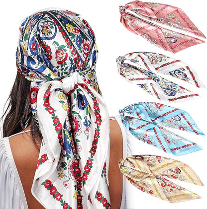AWAYTR 35” Satin Large Square Head Scarves - 4PCS Silk Like Neck Scarf Hair Sleeping Wraps Satin Silk Scarfs for Women