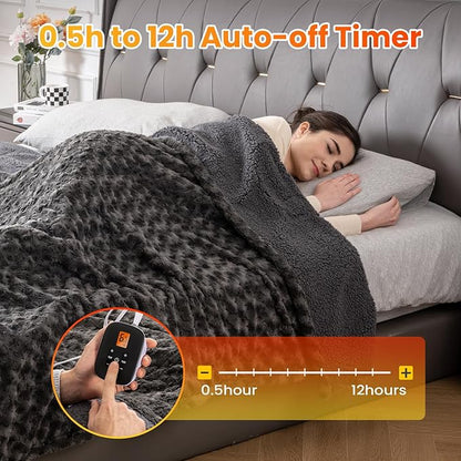 WOOMER Heated Blanket Full Size 77" x 84", Electric Blanket with a Control, 0.5-12 Hours Timer & 10 Heating Levels, ETL Certified, Dark Grey Roses Patterns Faux Fur & Sherpa, Machine Washable
