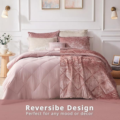 Intelligent Design Twin Comforter Set, Velvet Comforter Set , Luxury Diamond Quilting Comforter Set, Fluffy Comforter Bed Set with Decorative Pillowand 1 Sham, 3 Piece Pink, Twin/Twin XL
