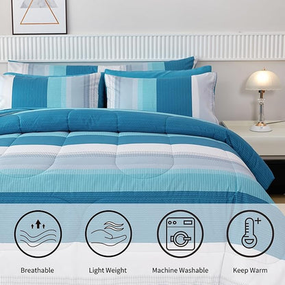 RYNGHIPY 8 Pieces Teal Grey Queen Bed Comforter Sets, Soft All Season Boys Men Women Comforter Bedding Set, Turquoise Stripe Colorblock Bed in a Bag Lightweight Fluffy (Queen,Teal Grey)