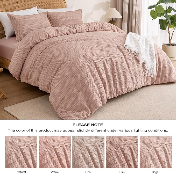 PHF Soft Waffle Comforter Set King Size- Comfy Breathable Waffle Weave Comforter with 2 Pillow Shams, 3 Pieces Less Snagging Lightweight Textured Bedding Set for All Season, Rose Pink