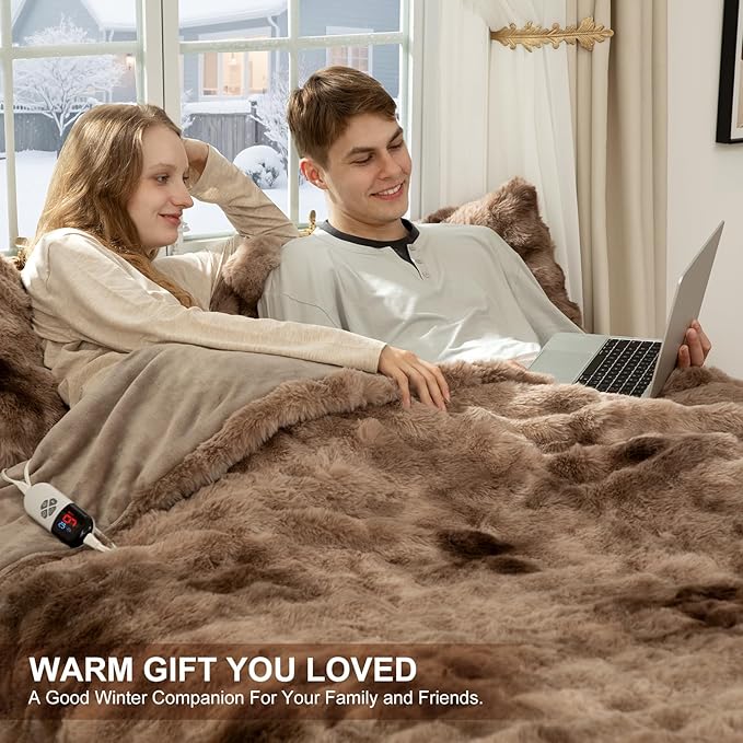 Faux Fur Heated Blanket King Size 100"X90" - Bubble Faux Fur Electric Blanket Fluffy Soft Thick with 6 Heating Levels & 10 hrs Timer Settings, Washable & ETL Certified for Bed, Tie-Dye Brown