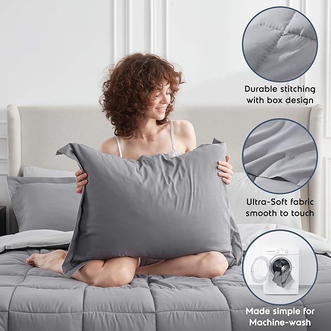 Nestl 7 Piece California King Comforter Set – Grey Reversible Bed in a Bag – Complete Cal King Size Bedding Set with Sheets, Pillowcases and Shams
