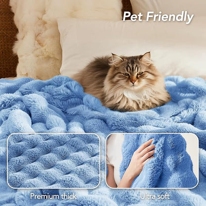 L'AGRATY Faux Fur Throw Blanket: 60" x 80" Luxury Soft Fluffy Rabbit Fur Blankets Twin for Couch Bed Sofa - Cozy Plush Bubble Blankets for Winter: Flannel Fleece Decorative Blanket(Airy Blue)