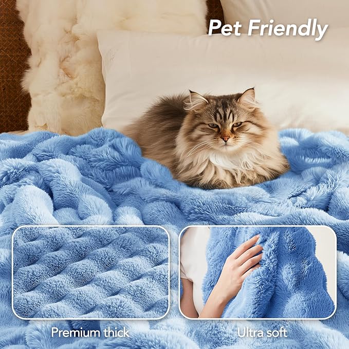 L'AGRATY Faux Fur Throw Blanket: 50" x 60" Luxury Soft Fluffy Rabbit Fur Blankets Twin for Couch Bed Sofa - Cozy Plush Bubble Blankets for Winter: Flannel Fleece Decorative Blanket(Airy Blue)