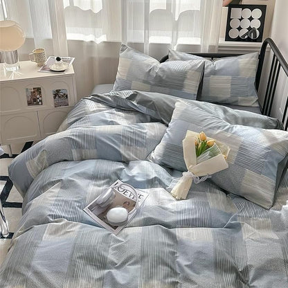 mixinni Full Comforter Set Soft Aesthetic Blue Geometric Checkered Plaid Printed Bedding Comforter for Men Boys, 1 Soft Microfiber Reversible Comforter with 2 Pillowcases for All Seasons