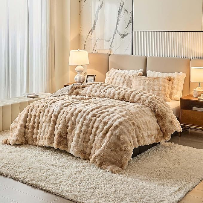 Twin Faux Rabbit Fur Comforter Set - 3 Pieces Fluffy Bedding Set Ultra Soft Warm Shaggy Winter Flannel Bed Set, Luxury Skin Friendly Sherpa Comforter Set & Pillow for Thanksgiving Tie Dye Coffee