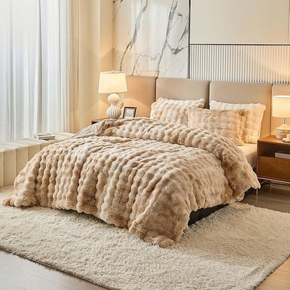 Twin Faux Rabbit Fur Comforter Set - 3 Pieces Fluffy Bedding Set Ultra Soft Warm Shaggy Winter Flannel Bed Set, Luxury Skin Friendly Sherpa Comforter Set & Pillow for Thanksgiving Tie Dye Coffee