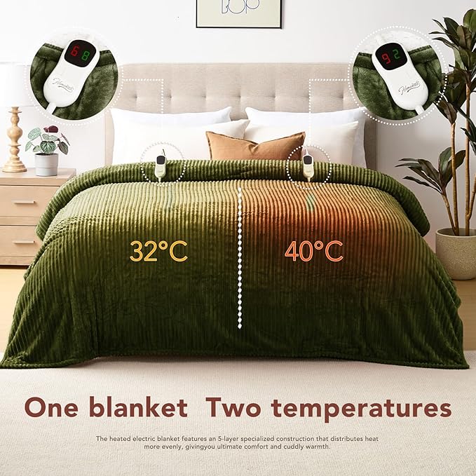 Homemate Electric Heated Blanket King Size - 100"x90" Heating Blanket King Size Dual Control 1/2/4/6/8 Hours Auto-Off 10 Heat Level Over-Heat Protection Soft Flannel Sherpa ETL Certification
