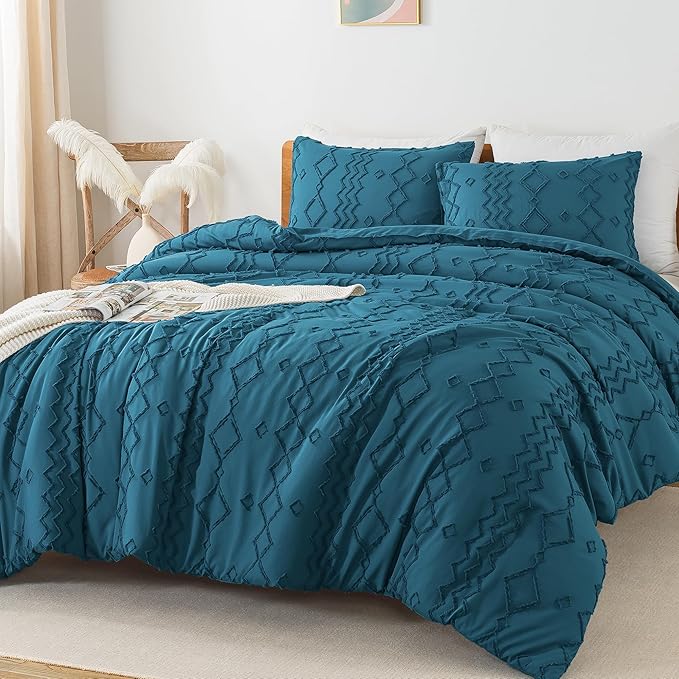 Andency Teal Tufted Comforter Set King(104x90Inch), 3 Pieces(1 Boho Comforter, 2 Pillowcases) Textured Farmhouse Bed Set, Soft Microfiber Down Alternative Geometric Bedding