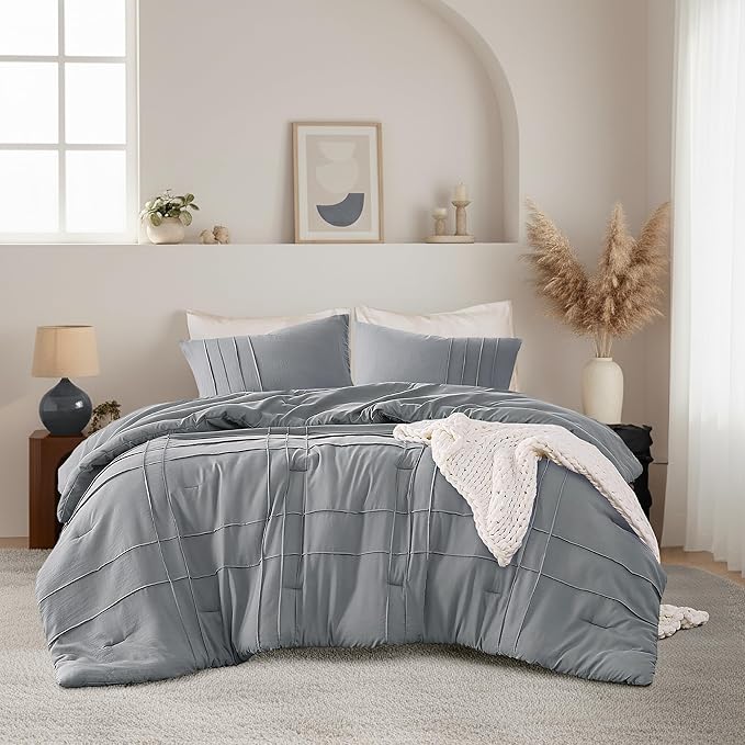 King Size Comforter Set Blue Grey, 3 Pieces Bedding Set, Ultra Soft Prewashed Bed Set, Pinch Pleat All Seasons Lightweight Comforter and Shams