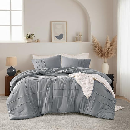 Queen Size Comforter Set Blue Grey, 3 Pieces Bedding Set, Ultra Soft Prewashed Bed Set, Pinch Pleat All Seasons Lightweight Comforter and Shams