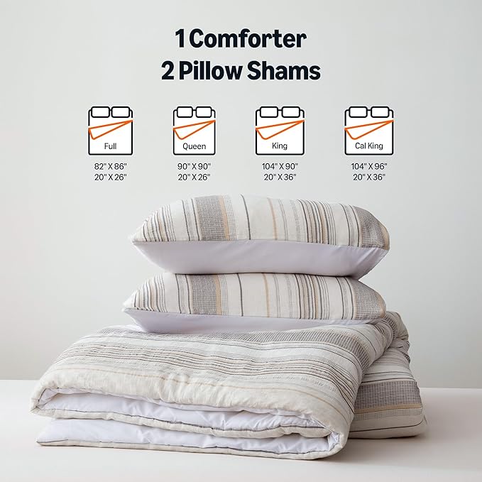 Amazon Basics Comforter Set, 3-Piece Jacquard Microfiber Comforter and 2 Pillow Shams, All-Season Bedding, King, Beige Striped