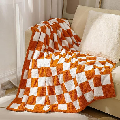 MorroMorn Checkered Blanket for Couch Bed, Orange Throw Blanket 2-Layers Soft Cozy Fleece Plaid Blankets Checkerboard Grid - Fluffy Fuzzy Plush Warm Fall Decor Mothers Birthday Gifts, 60x80 inches