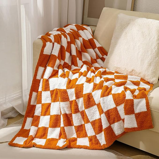 MorroMorn Checkered Throw Blanket for Couch, Orange Throw Blanket 2-Layers Soft Cozy Fleece Plaid Blankets Checkerboard Grid - Fluffy Fuzzy Plush Warm for Sofa Chair Bed Decor Gifts, 50x60 inches