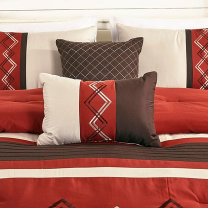 Chezmoi Collection Arden 7-Piece Modern Pleated Stripe Embroidered Zigzag Bedding Comforter Set (Full, Spice/Brown/Coffee Cream)