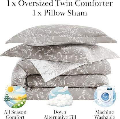 Southshore Fine Living, Inc. Twin Mattress Comforter Set, Hotel Quality Bedding, Floral Bedspread with Matching Pillow Sham for Twin/XL Beds, Reversible Bed Comforter, Winter Brush Warm Sand/White