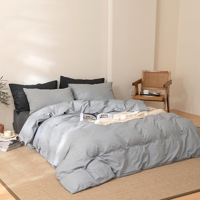 VM VOUGEMARKET Gray Striped Comforter Set Full,3 Pieces Washed Cotton Pinstripes Comforter with 2 Pillowcases for Teen Boys Men Simple Modern Bedding Set (80"x90")