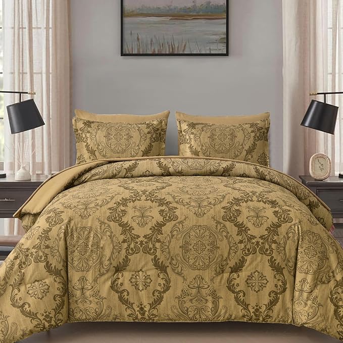 WONGS BEDDING Gold Comforter Set Queen Size, Damask Texture Design 7 Pieces Bed in a Bag Microfiber Comforter Bedding Sets -1 Comforter, 1 Flat Sheet, 1 Fitted Sheet, 2 Pillow Shams, 2 Pillowcases