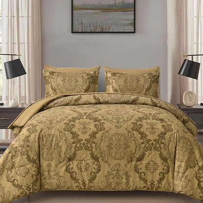 WONGS BEDDING Gold Comforter Set Queen Size, Damask Texture Design 7 Pieces Bed in a Bag Microfiber Comforter Bedding Sets -1 Comforter, 1 Flat Sheet, 1 Fitted Sheet, 2 Pillow Shams, 2 Pillowcases