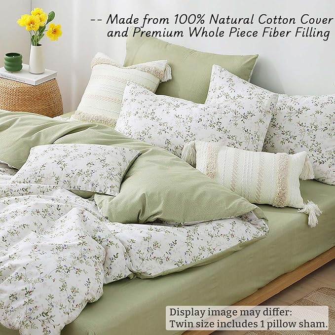 Botanical Cotton Comforter Twin Size - Tender Green Comforter Printed with Leafy Branches & Purple Stamens on Off-White,Reversible Lightweight Bedding Sets 2Pcs