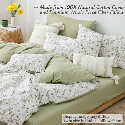 Botanical Cotton Comforter Twin Size - Tender Green Comforter Printed with Leafy Branches & Purple Stamens on Off-White,Reversible Lightweight Bedding Sets 2Pcs