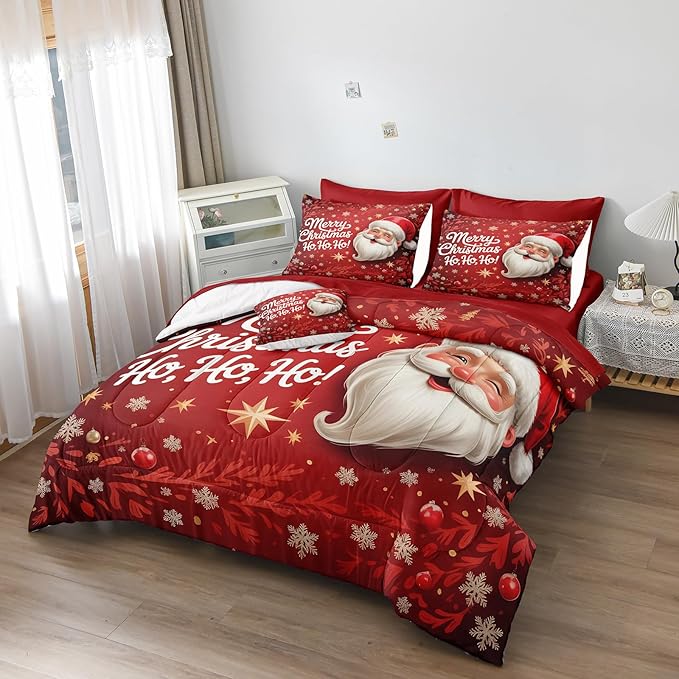 Santa Claus Comforter King Red Snowflake Bedding Set Leaf Stars Merry Christmas Bedroom Decor Happy Holiday Boys Girls Xmas Bed in A Bag