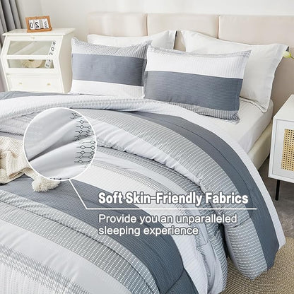 Litanika Queen Comforter Set Light Grey - 3 Pieces Lightweight Gray White Colorblock Stripe Fluffy Bedding Comforter Sets, All Season Bed Set