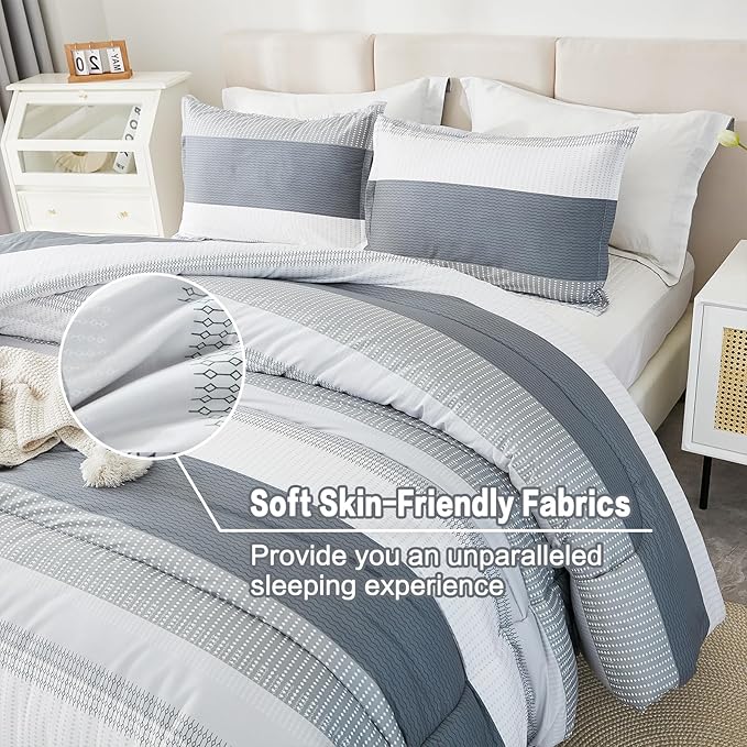Litanika Light Grey California King Comforter Set, 3 Pieces Cal King Lightweight Gray White Colorblock Stripe Bedding Comforter Sets, Fluffy Bed Set