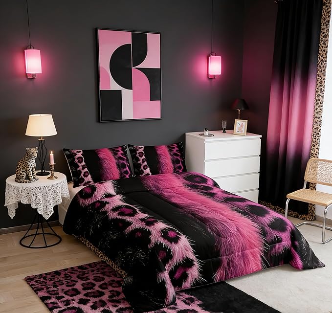jejeloiu 3D Pink Leopard Bedding Set Full Size Adult Leopard Comforter Set for Boys Girls Animal Print Duvet Set Wild Animal Fur Quilt Set 3Pcs