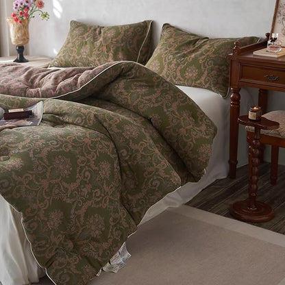 MKXI Floral Linen Comforter Set Full Army Green Vintage Paisley Comforter Bedding for Neutral Bedroom Rich Rust Jacquard Floral Bed Comforters for Men Women Cotton Yarn-Dyed Textured Soft Lightweight