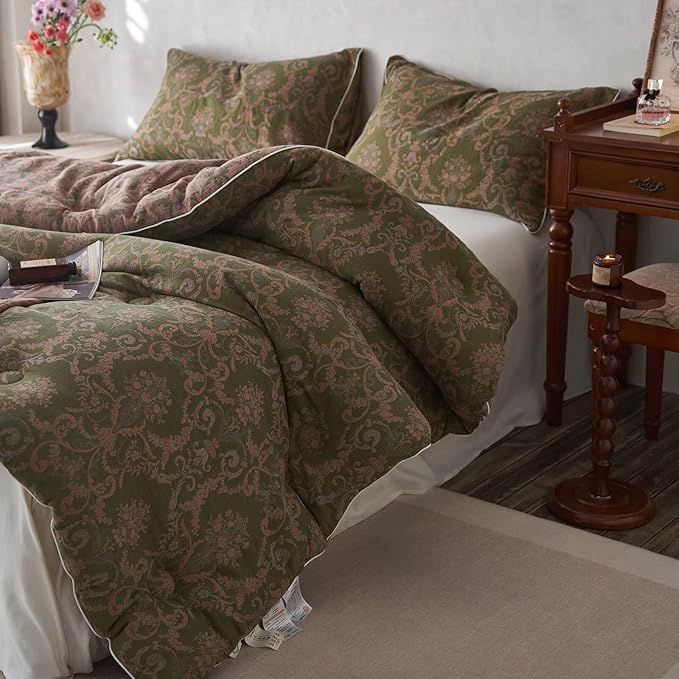 MKXI Floral Linen Comforter Set Queen Army Green Vintage Paisley Comforter Bedding for Neutral Bedroom Rich Rust Jacquard Floral Bed Comforters for Men Women Cotton Yarn-Dyed Textured Soft Lightweight