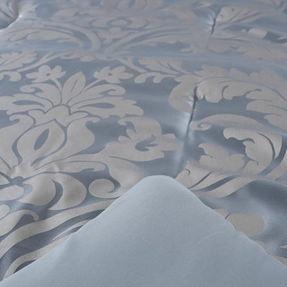Chezmoi Collection Valor 7-Piece King Bed in a Bag, Grayish Blue/Gray Luxury Jacquard Floral Comforter with Sheets Set for All Season