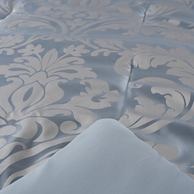 Chezmoi Collection Valor 7-Piece California King Bed in a Bag, Grayish Blue/Gray Luxury Jacquard Floral Comforter with Sheets Set for All Season