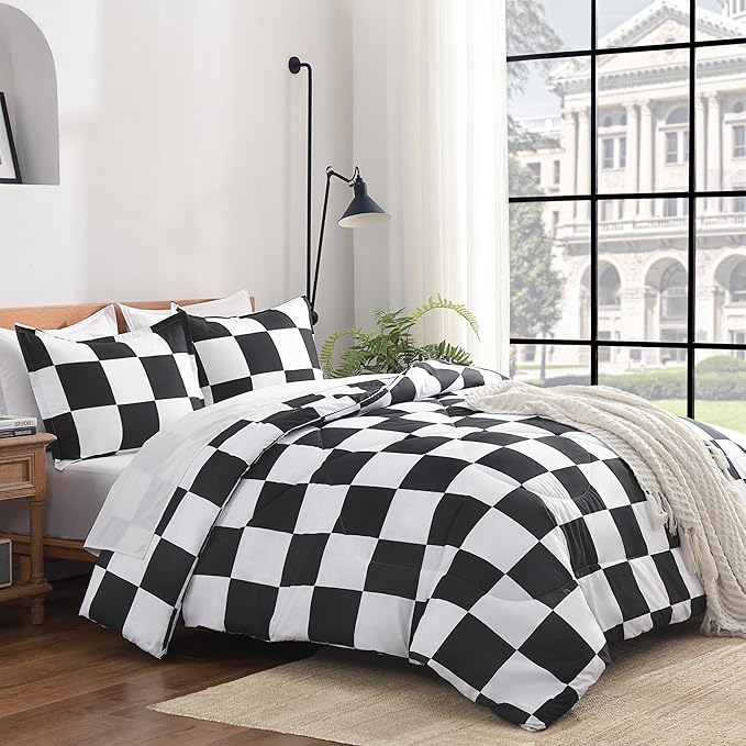 Andency Checkered Comforter Twin XL(68x92Inch), Black White Plaid Gingham Buffalo Grid Bed Set for Students Boys Kids Teens, 2 Pieces Lightweight Microfiber Geometric Dorm Bedding