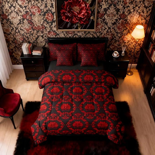 Erosebridal Black and Red Damask Full Size Bed Sheets and Comforter Set | Victorian Decor Gothic Vintage Floral 7-Piece Bedding Set Baroque Goth Bed in a Bag, Luxury Bohemian Bed Sets
