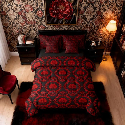Erosebridal Black and Red Damask Twin Comforter Set with Sheets | Victorian Decor Gothic Vintage Floral 7-Piece Bedding Set Baroque Goth Bed in a Bag, Luxury Bohemian Bed Sets