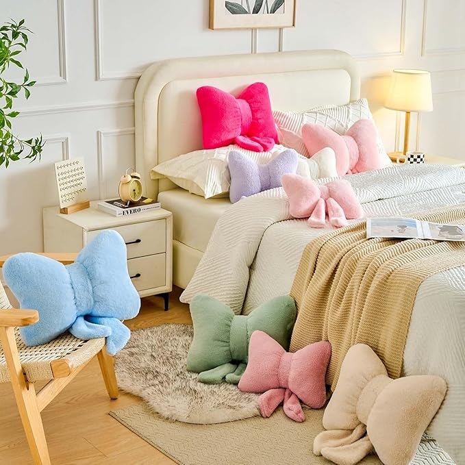 Bowknot Pillow Dusty Pink Cute Bow Decorative Throw Pillows 12" Aesthetic Home Decor Bow Cushions Butterfly Knot Plush Pillow for Bedroom Couch