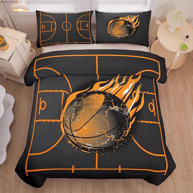 NINENINE Basketball Bedding Set,Sports Comforter Sets for Boys,Twin Bedding Sets for Boys,Basketball Comforter Set(1Comforter, 1Flat Sheet, 1Fitted Sheet, 2Pillowcases)