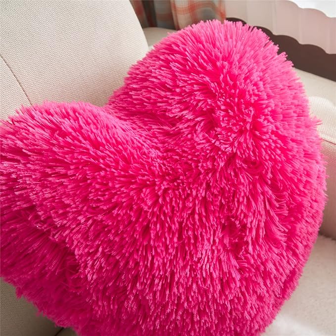 MOOWOO Fluffy Faux Fur Heart Throw Pillow for Valentine's,Mothers Day,Sherpa Plush Fluffy, Solid Color, Heart Shape Pillow for Girls,Hot Pink Love Throw Pillow (Rose Red)