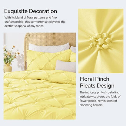 BEDELITE Light Yellow King Size Comforter Set - 3 Pieces Boho Pintuck Bedding Comforter Sets, Lightweight Soft & Warm King Bedding Set with 2 Pillowcases for All Season