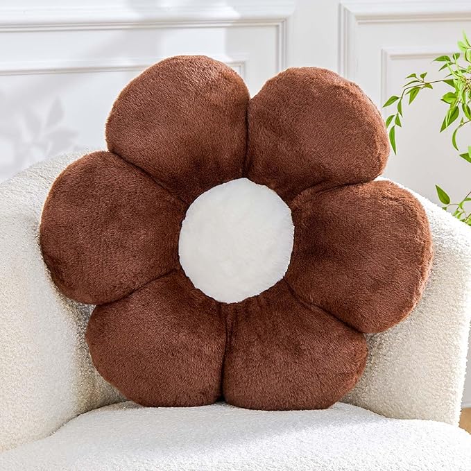 Brown Flower Pillow Cute Decorative Flower Throw Pillow with Faux Rabbit Fur 17.7" Soft Daisy Plush Floor Cushion Aesthetic Room Decor for Bed Sofa Couch